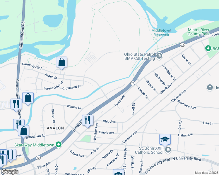 map of restaurants, bars, coffee shops, grocery stores, and more near 3125 Wilbraham Road in Middletown