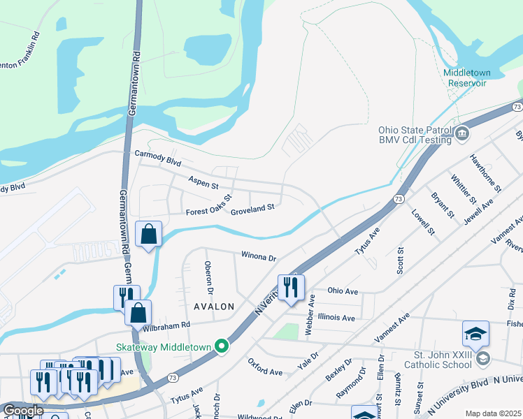 map of restaurants, bars, coffee shops, grocery stores, and more near 2801-2833 Groveland Street in Middletown
