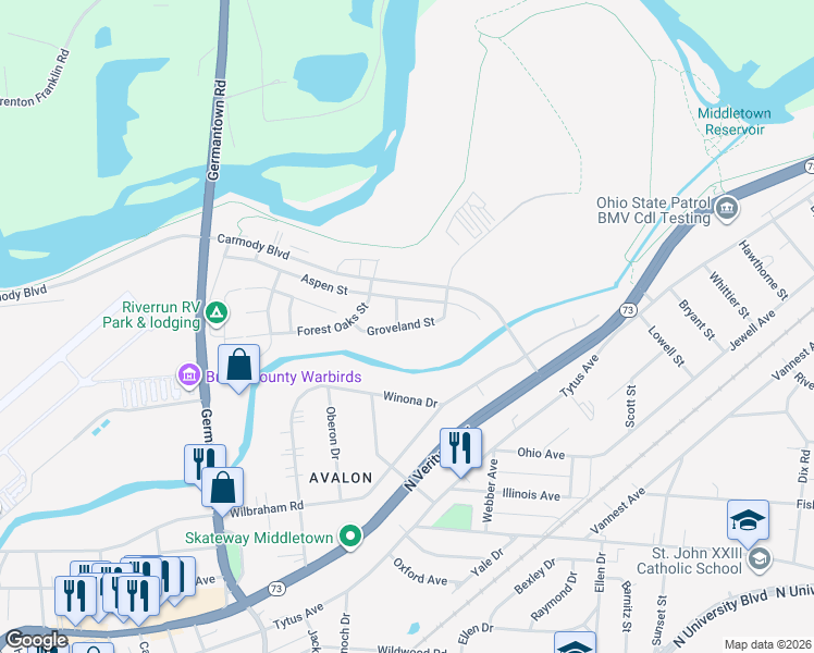 map of restaurants, bars, coffee shops, grocery stores, and more near 2801-2833 Groveland Street in Middletown