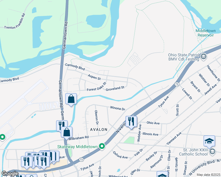 map of restaurants, bars, coffee shops, grocery stores, and more near 2801-2833 Groveland Street in Middletown