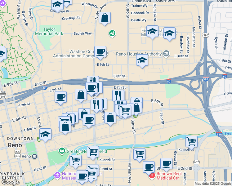 map of restaurants, bars, coffee shops, grocery stores, and more near 642 Spokane Street in Reno
