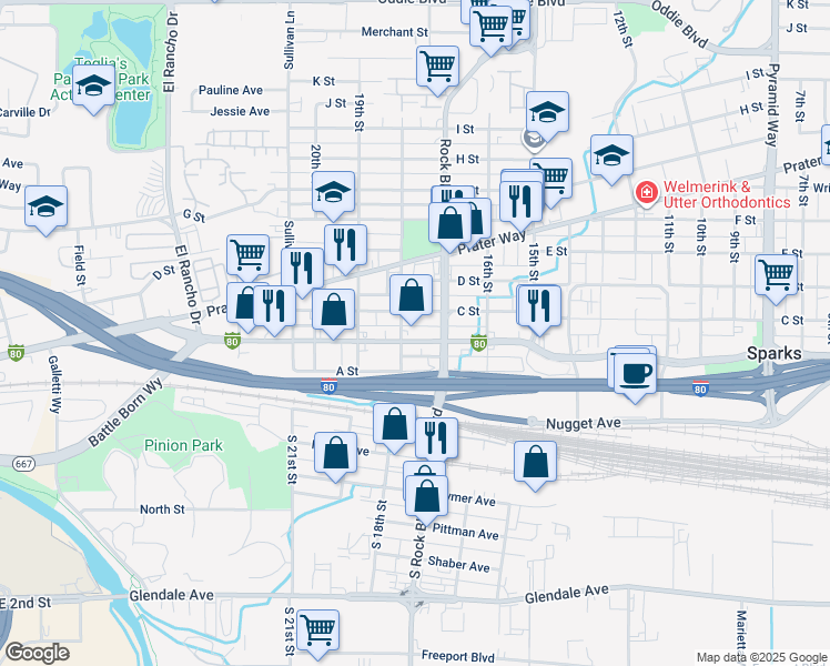 map of restaurants, bars, coffee shops, grocery stores, and more near 1700 Victorian Avenue in Sparks