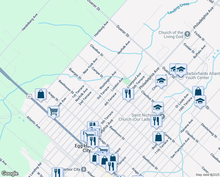 map of restaurants, bars, coffee shops, grocery stores, and more near 441 London Avenue in Egg Harbor City