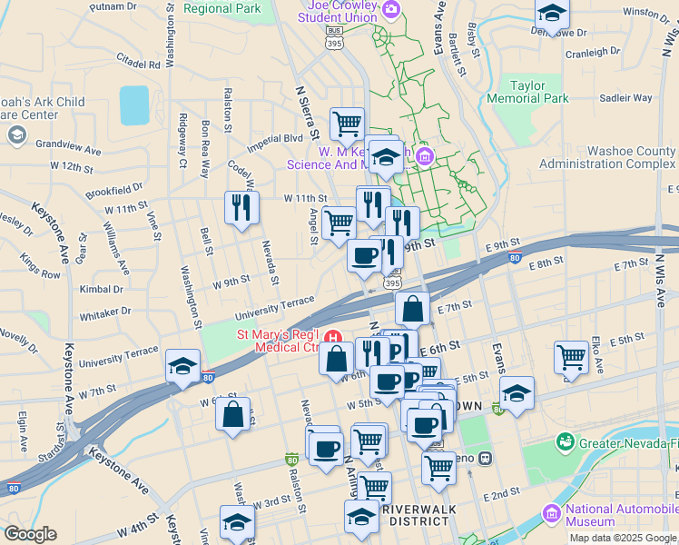 map of restaurants, bars, coffee shops, grocery stores, and more near 792 West St in Reno