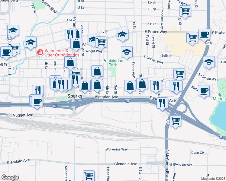 map of restaurants, bars, coffee shops, grocery stores, and more near 309 C Street in Sparks