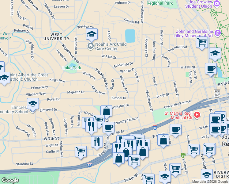 map of restaurants, bars, coffee shops, grocery stores, and more near 983 Melba Drive in Reno