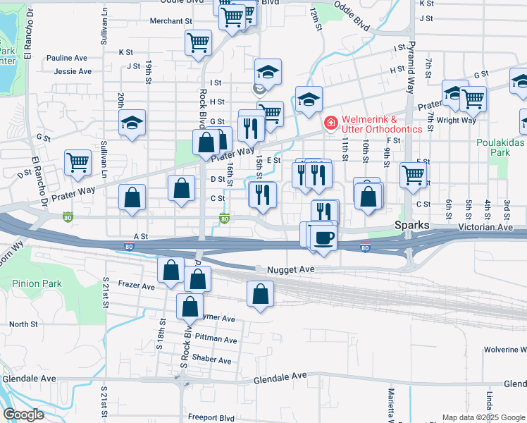 map of restaurants, bars, coffee shops, grocery stores, and more near 220 15th Street in Sparks