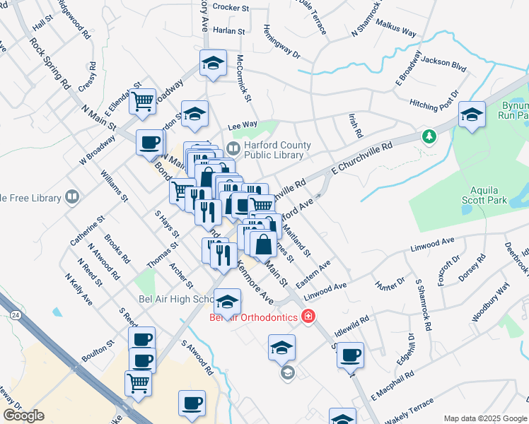 map of restaurants, bars, coffee shops, grocery stores, and more near 39 Churchville Road in Bel Air