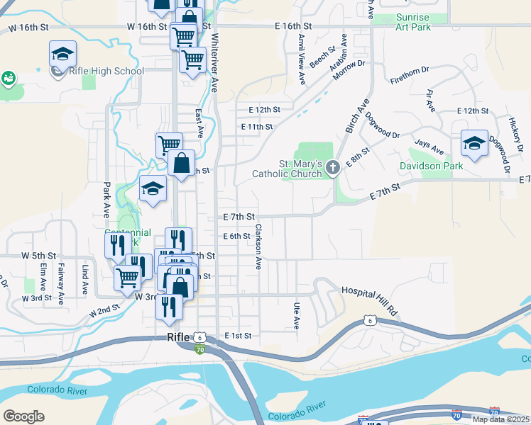 map of restaurants, bars, coffee shops, grocery stores, and more near 508 East 7th Street in Rifle
