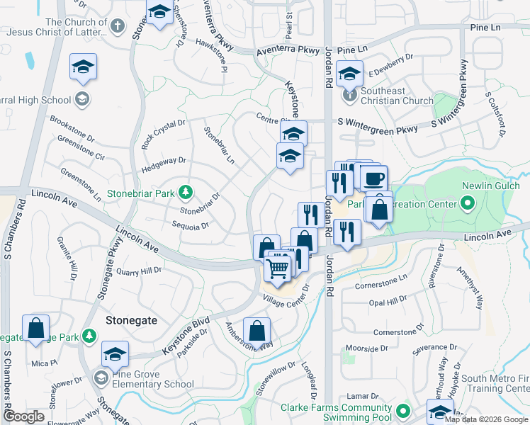 map of restaurants, bars, coffee shops, grocery stores, and more near 10064 Boca Cir in Parker