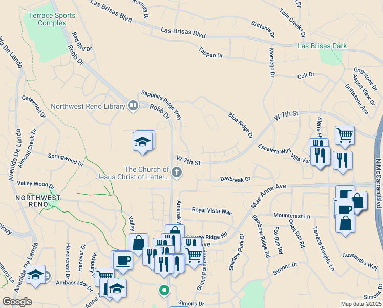 map of restaurants, bars, coffee shops, grocery stores, and more near 2116 Sapphire Ridge Way in Reno