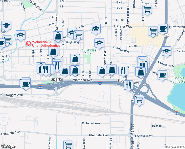 map of restaurants, bars, coffee shops, grocery stores, and more near 275 Avenue of the Oaks in Sparks