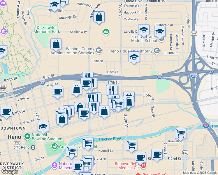 map of restaurants, bars, coffee shops, grocery stores, and more near 642 Spokane Street in Reno