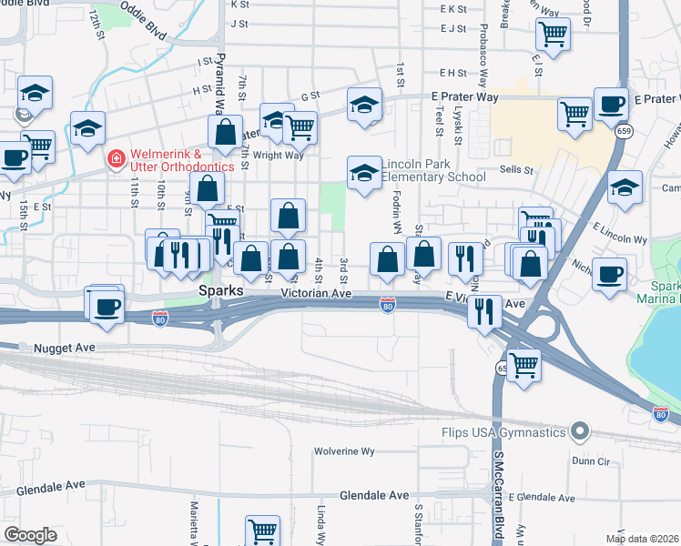map of restaurants, bars, coffee shops, grocery stores, and more near 231 3rd Street in Sparks