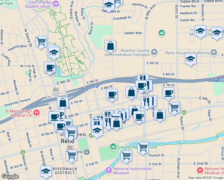 map of restaurants, bars, coffee shops, grocery stores, and more near 765 Valley Road in Reno