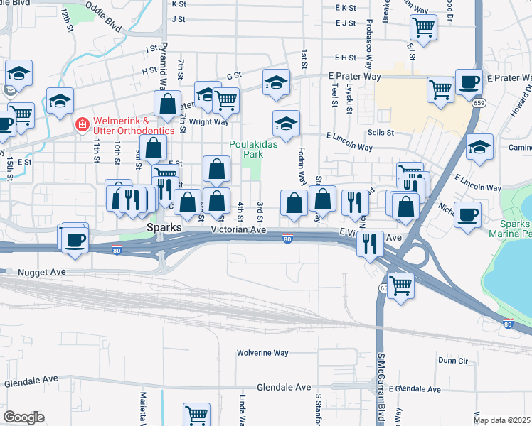 map of restaurants, bars, coffee shops, grocery stores, and more near 275 Avenue of the Oaks in Sparks