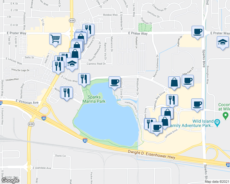 map of restaurants, bars, coffee shops, grocery stores, and more near 325 Harbour Cove Drive in Sparks