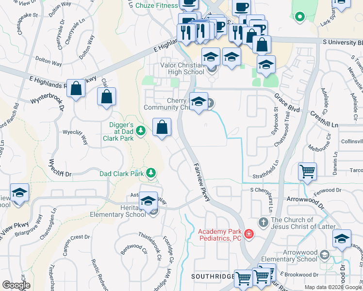 map of restaurants, bars, coffee shops, grocery stores, and more near 9942 Hawthorne Street in Littleton