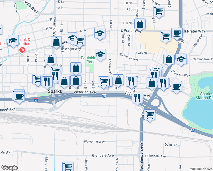 map of restaurants, bars, coffee shops, grocery stores, and more near 231 1st Street in Sparks