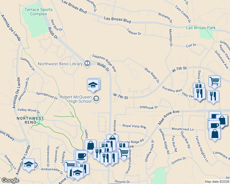 map of restaurants, bars, coffee shops, grocery stores, and more near 5950 Sapphire Ridge Court in Reno