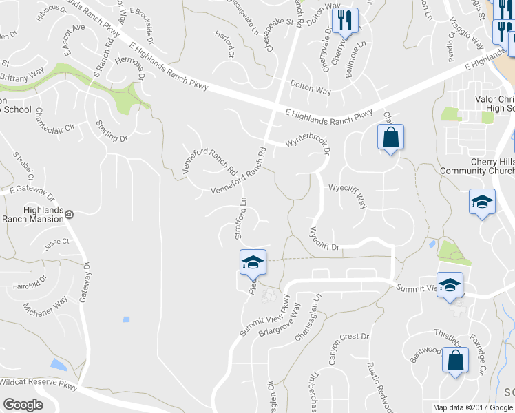 map of restaurants, bars, coffee shops, grocery stores, and more near 2243 Stratford Court in Littleton