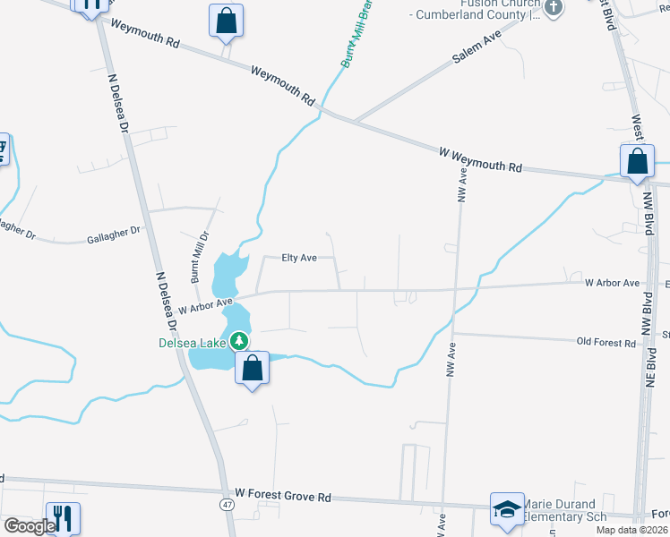 map of restaurants, bars, coffee shops, grocery stores, and more near 829 Bruun Avenue in Vineland