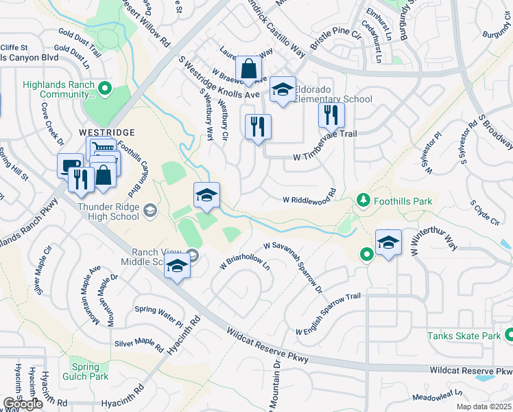 map of restaurants, bars, coffee shops, grocery stores, and more near 9895 Riddlewood Court in Littleton