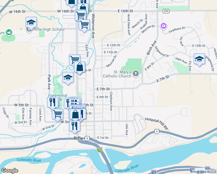 map of restaurants, bars, coffee shops, grocery stores, and more near 508 East 7th Street in Rifle