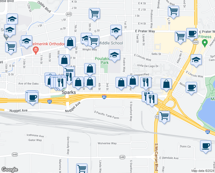 map of restaurants, bars, coffee shops, grocery stores, and more near 251 3rd Street in Sparks