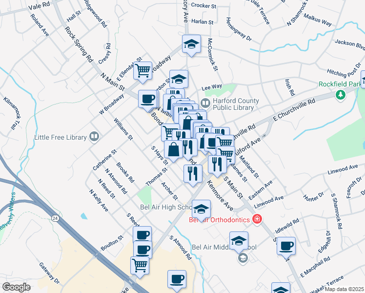 map of restaurants, bars, coffee shops, grocery stores, and more near 30 Office Street in Bel Air