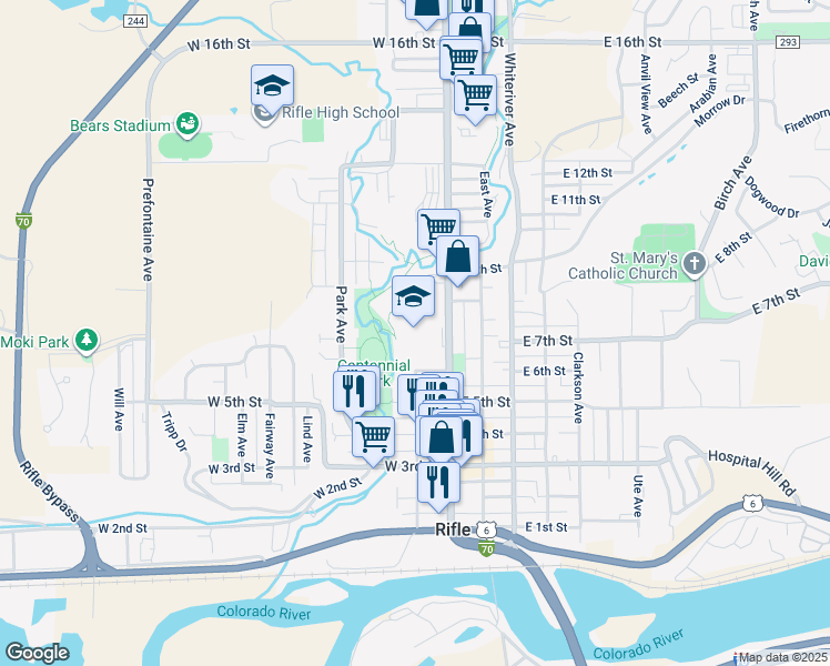 map of restaurants, bars, coffee shops, grocery stores, and more near 753 Railroad Avenue in Rifle