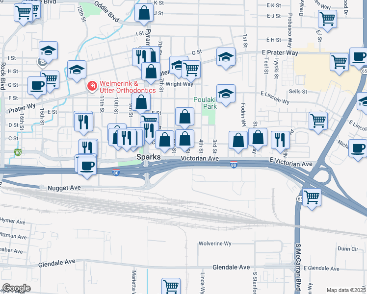 map of restaurants, bars, coffee shops, grocery stores, and more near 505 C Street in Sparks