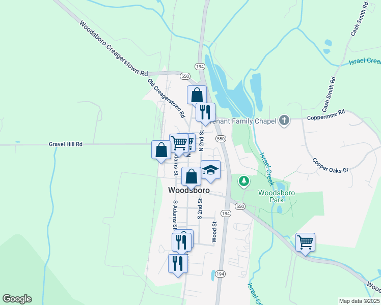map of restaurants, bars, coffee shops, grocery stores, and more near 8 North Main Street in Woodsboro