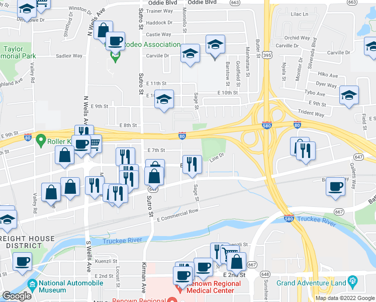 map of restaurants, bars, coffee shops, grocery stores, and more near 1400 East 7th Street in Reno