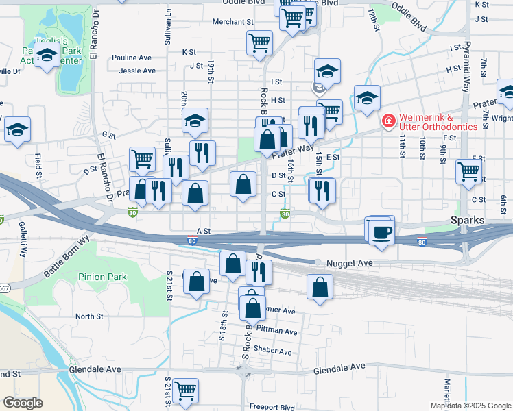 map of restaurants, bars, coffee shops, grocery stores, and more near 1700 Victorian Avenue in Sparks