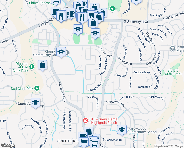 map of restaurants, bars, coffee shops, grocery stores, and more near 9927 Chatswood Trail in Littleton