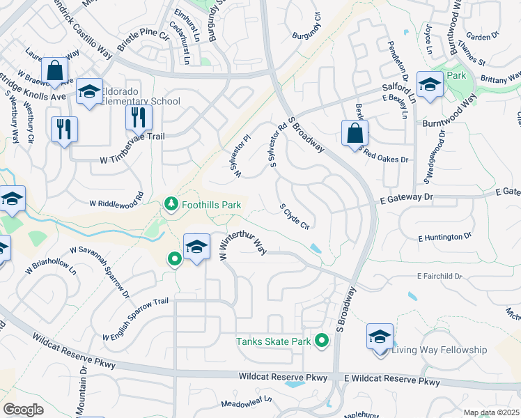 map of restaurants, bars, coffee shops, grocery stores, and more near 9941 South Clyde Place in Littleton