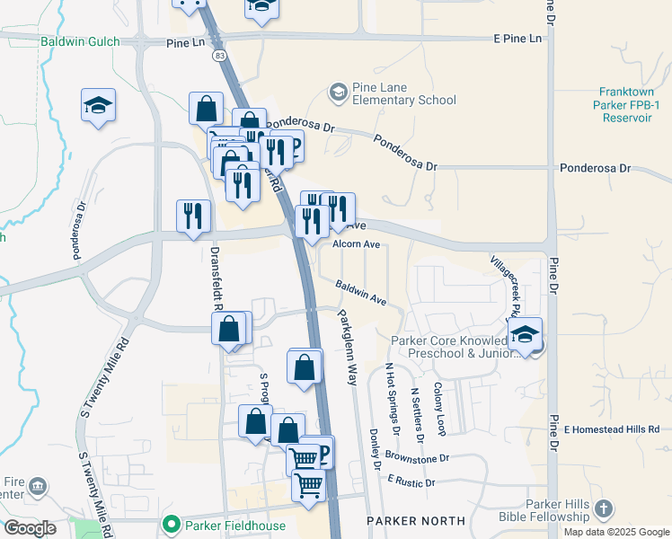 map of restaurants, bars, coffee shops, grocery stores, and more near 11895 Barrett Street in Parker