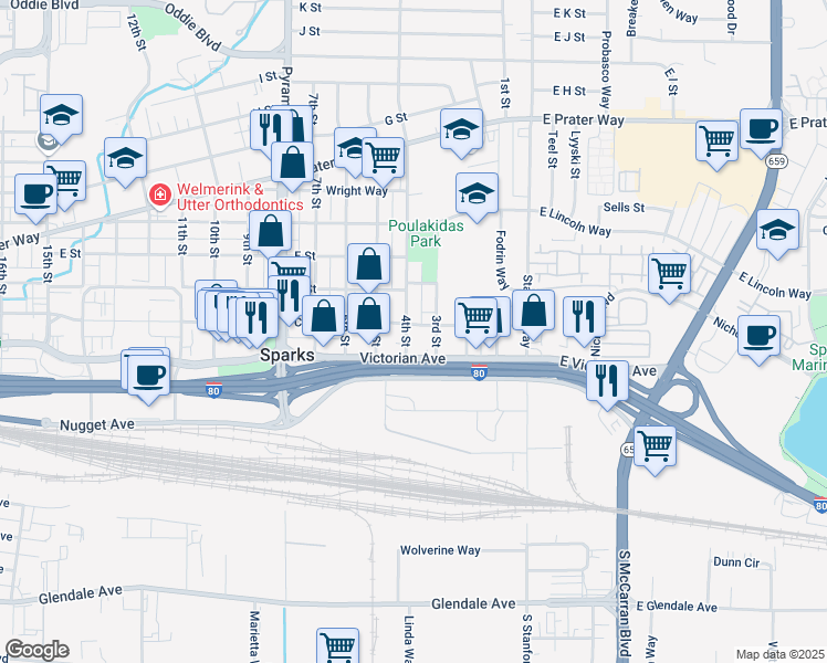 map of restaurants, bars, coffee shops, grocery stores, and more near 230 4th Street in Sparks