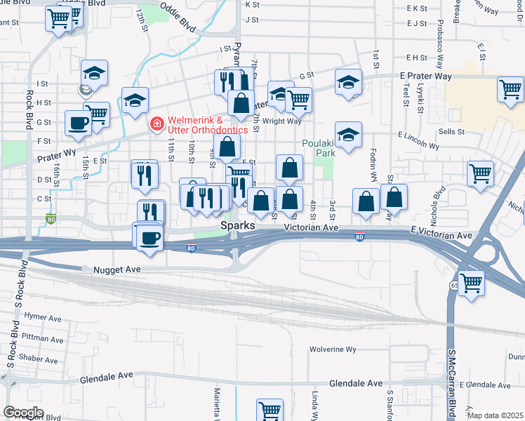 map of restaurants, bars, coffee shops, grocery stores, and more near 235 6th Street in Sparks