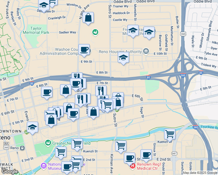 map of restaurants, bars, coffee shops, grocery stores, and more near 641 Sutro Street in Reno