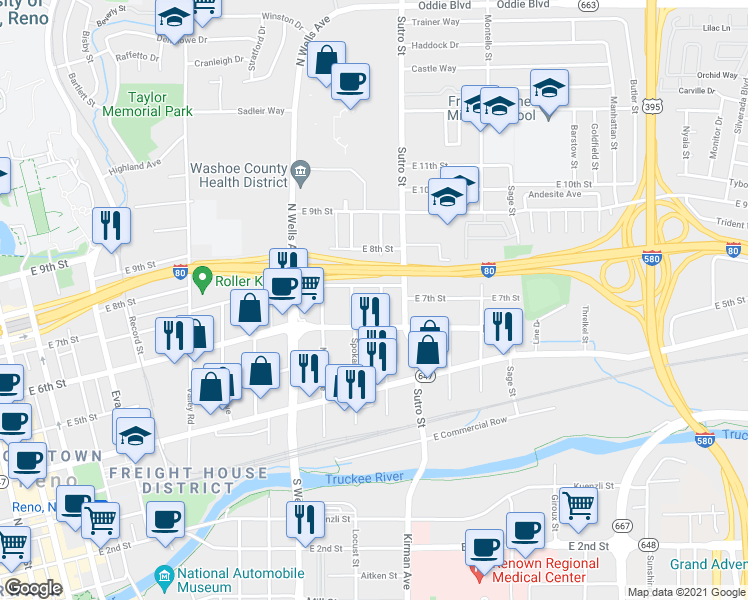 map of restaurants, bars, coffee shops, grocery stores, and more near 642 Spokane Street in Reno