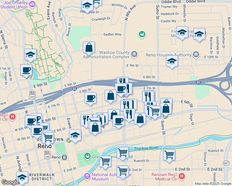 map of restaurants, bars, coffee shops, grocery stores, and more near 655 Eureka Avenue in Reno