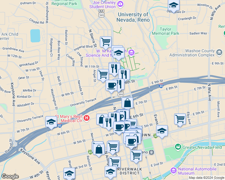 map of restaurants, bars, coffee shops, grocery stores, and more near 840 North Sierra Street in Reno