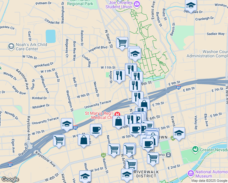 map of restaurants, bars, coffee shops, grocery stores, and more near 792 West Street in Reno