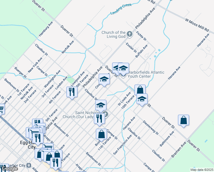 map of restaurants, bars, coffee shops, grocery stores, and more near 654 Cincinnati Avenue in Egg Harbor City