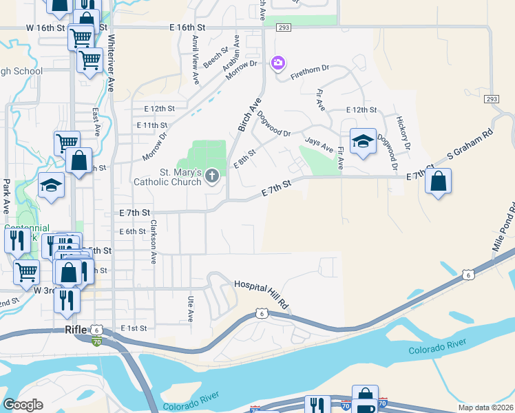 map of restaurants, bars, coffee shops, grocery stores, and more near 506 County Road 294 in Rifle