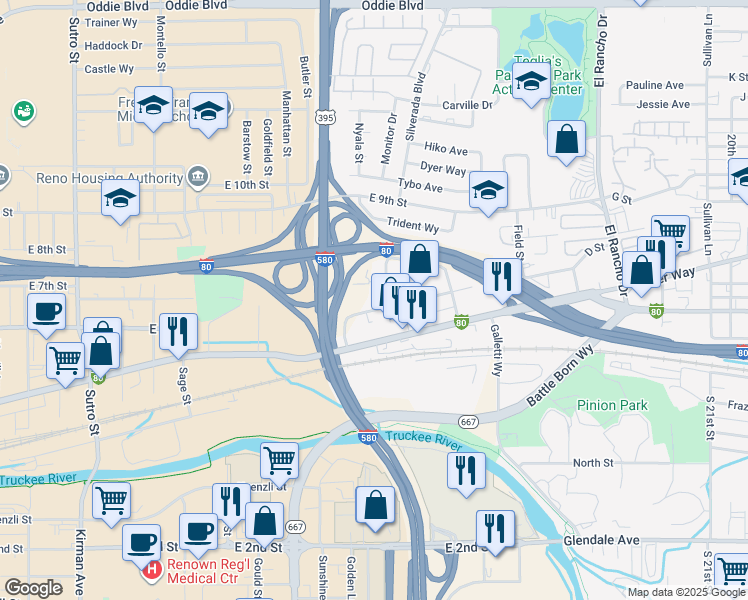 map of restaurants, bars, coffee shops, grocery stores, and more near 2395 East 5th Street in Reno
