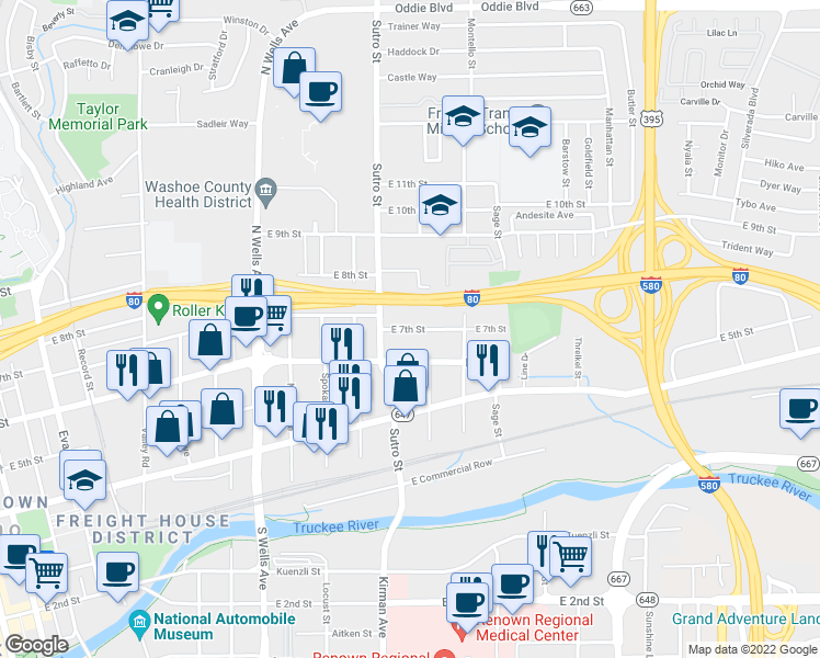 map of restaurants, bars, coffee shops, grocery stores, and more near 1269 East 7th Street in Reno