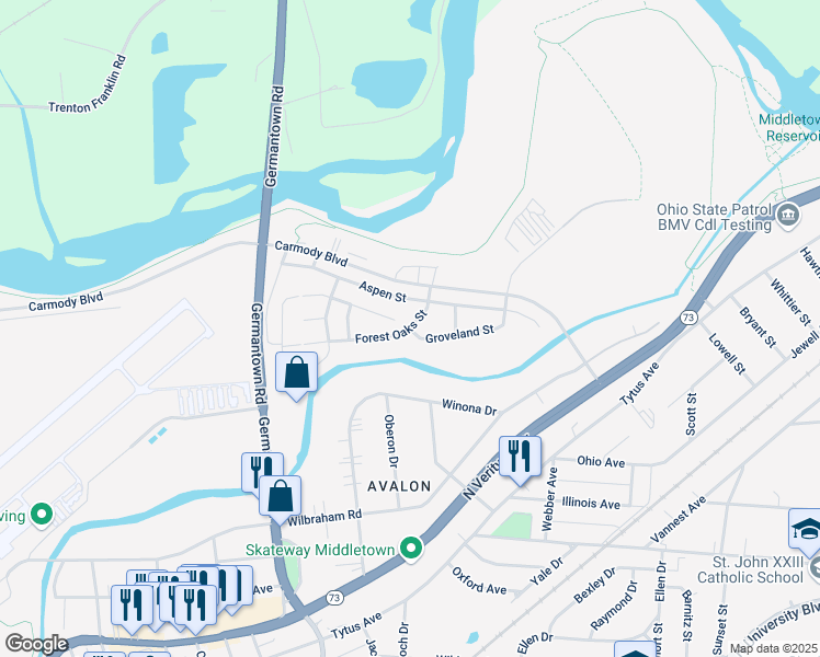 map of restaurants, bars, coffee shops, grocery stores, and more near 2601 Groveland Street in Middletown